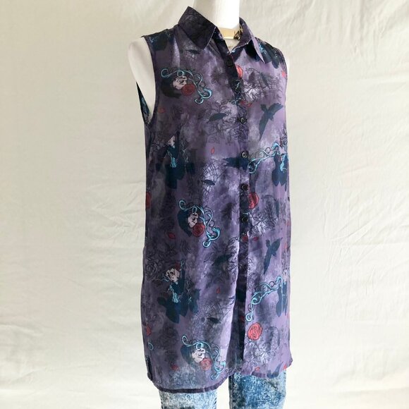 Hell Bunny Raven Crow Buttondown Tunic Shirt Sleeveless Purple Black Size S - Picture 1 of 6